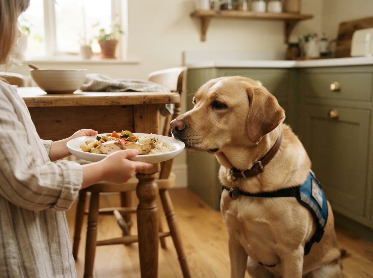 A child holds up a plate of food while a service dog gently sniffs it to check for allergens