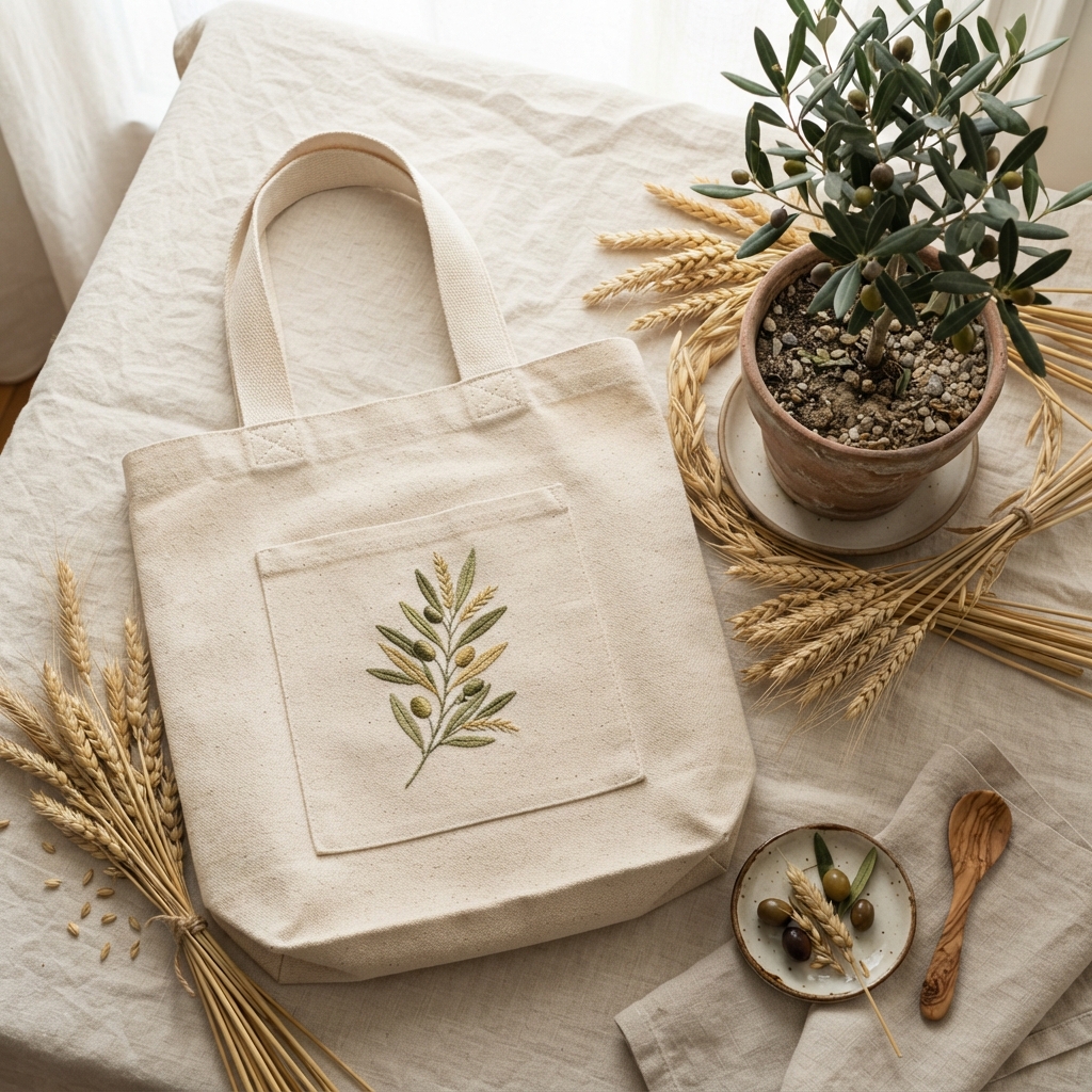 Olive Branch Tote — A natural canvas tote with an embroidered olive branch — carry what you need for the day's work.