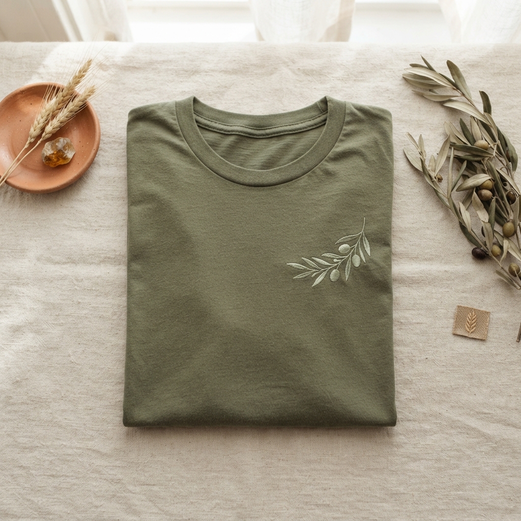 Faith-Based Tee — Soft, modest apparel with an embroidered olive branch motif — wearable reminders to abide and thrive.