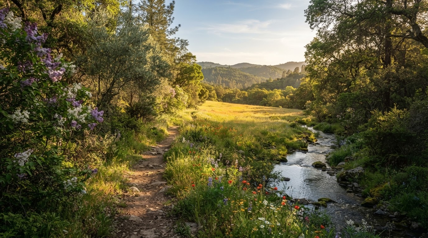 Sunlit hiking trail opening to a meadow of wildflowers near flowing water — the Abide & Thrive landscape of shalom, stewardship, and faithful living