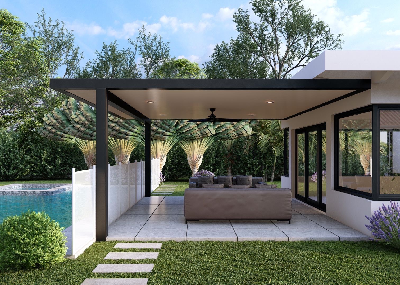 Royalty's Choice Contractor modern outdoor living space with pergola and pool in Miami-Dade