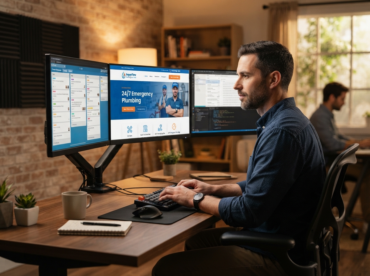 Professional managing dentist website on multi-monitor setup