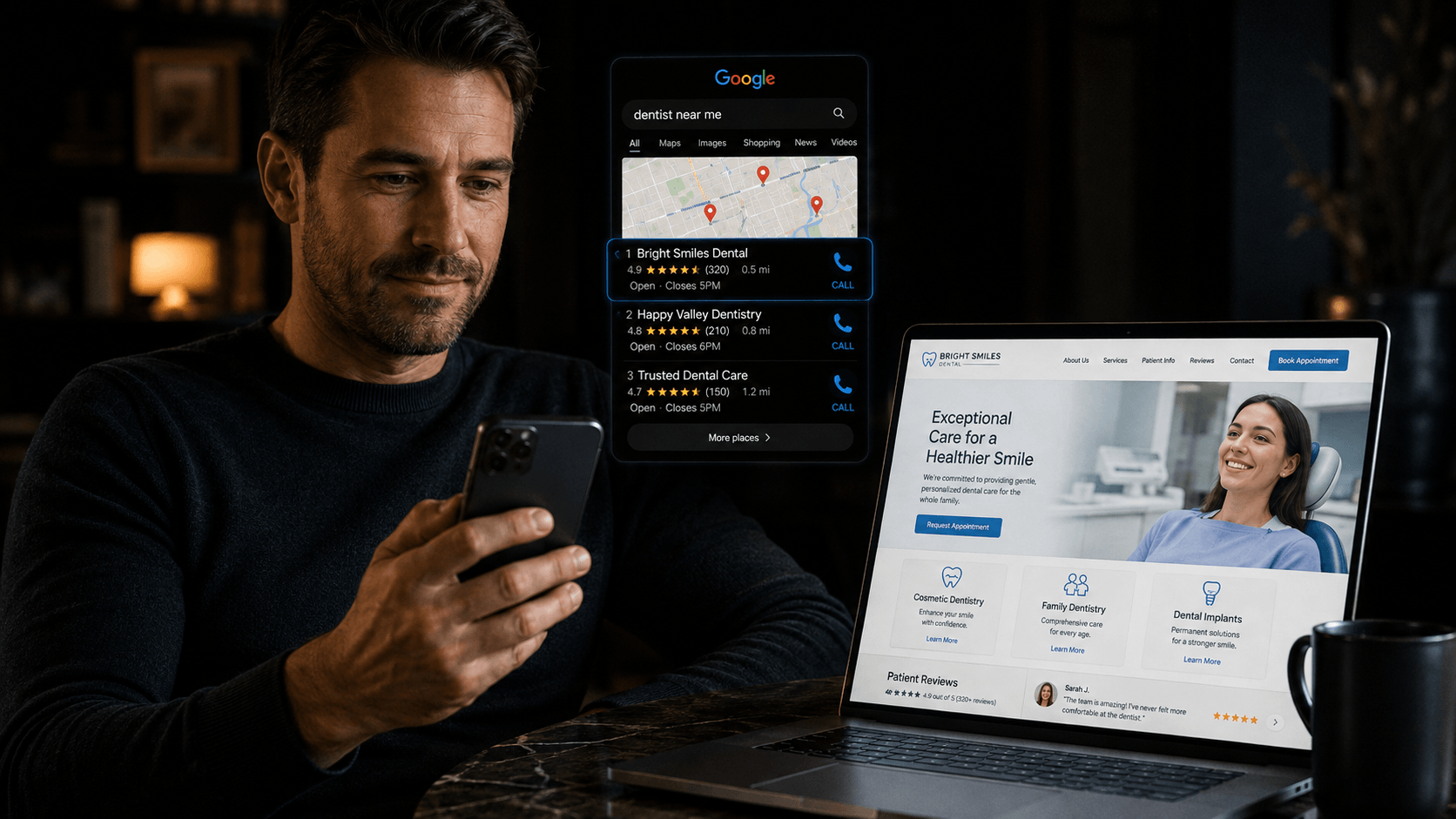 Patient searching Google for a dentist near them on phone next to a dental practice website on laptop