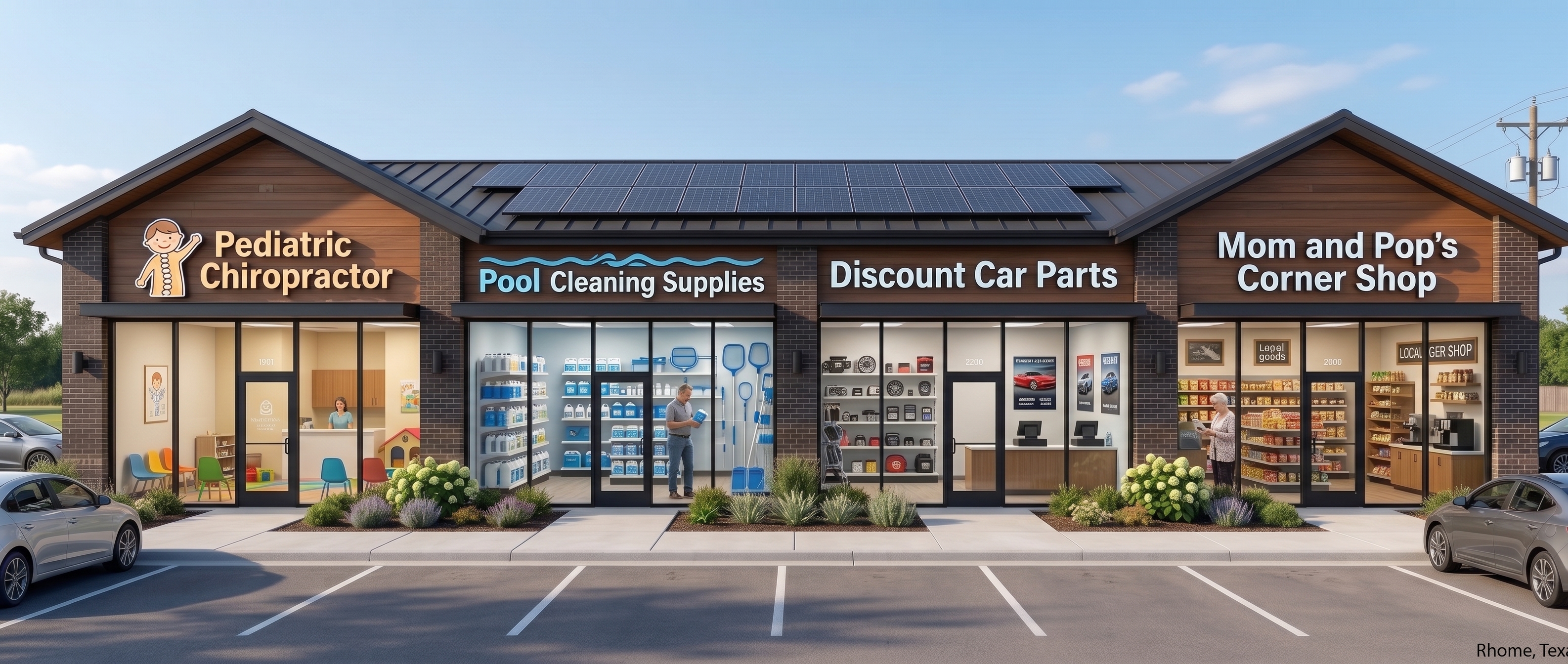 Commercial strip center storefront with solar panels on roof in Rhome Texas