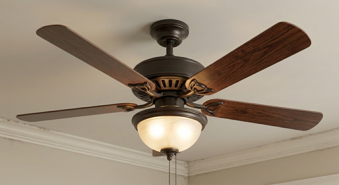 Indoor ceiling fan after professional cleaning, clean blades and bowl