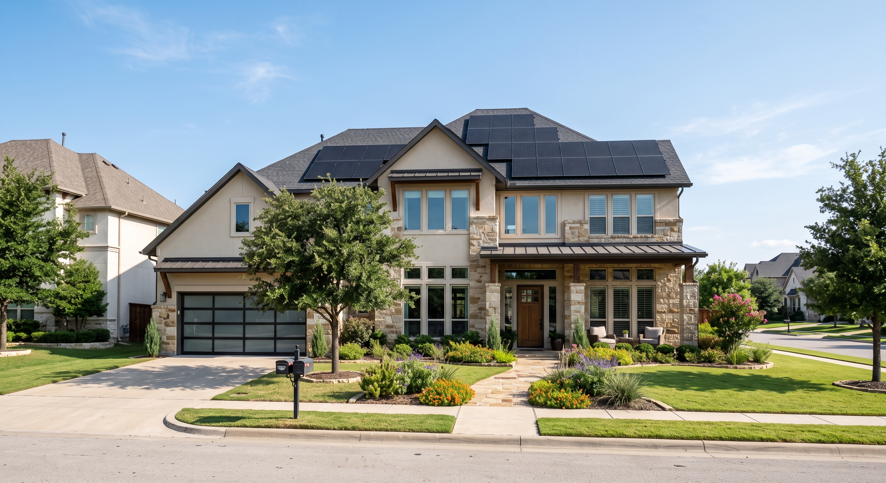Modern home with rooftop solar panel array
