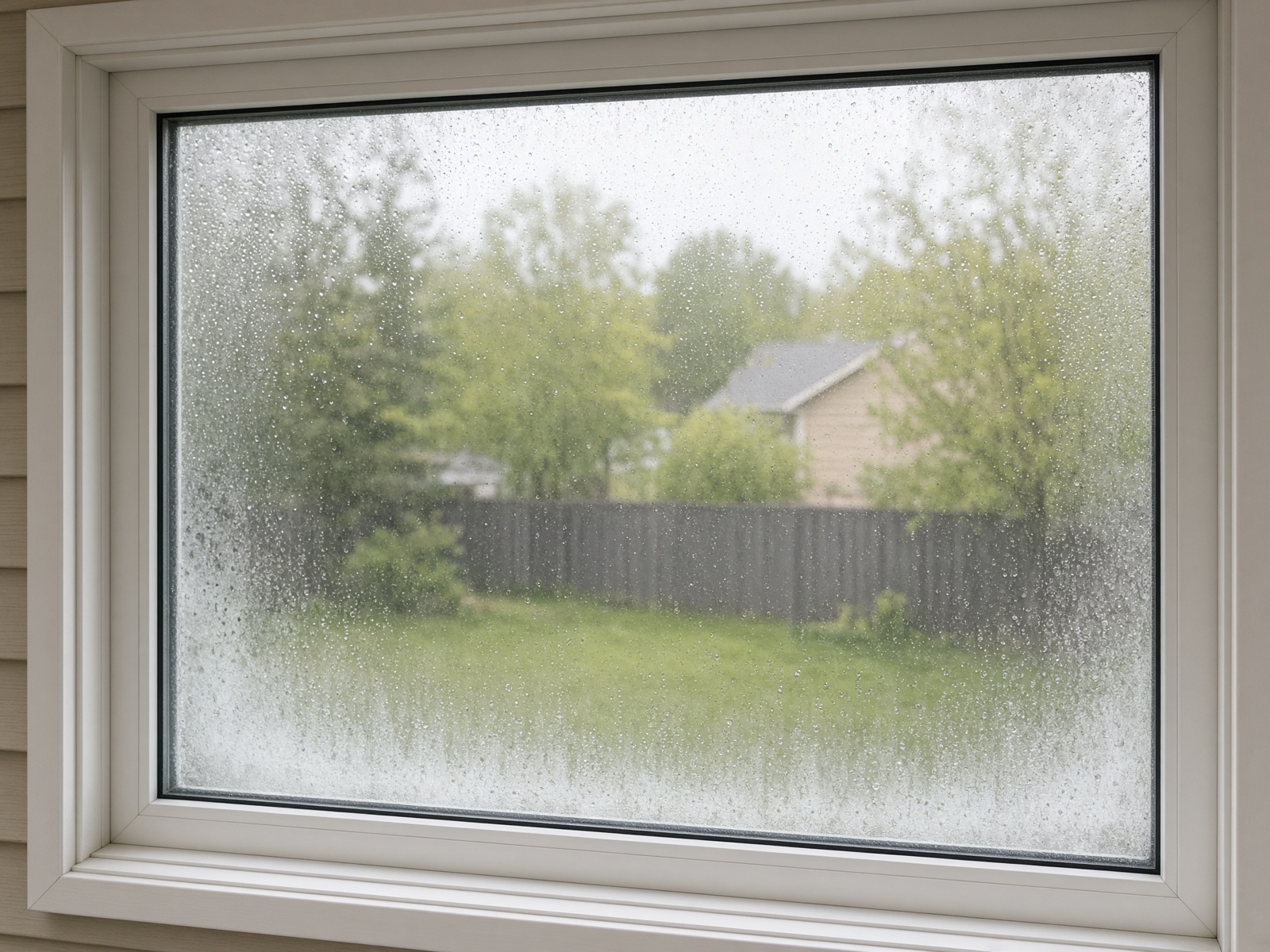 Double-pane window with a broken seal: cloudy fog and condensation trapped between the glass, white vinyl frame.