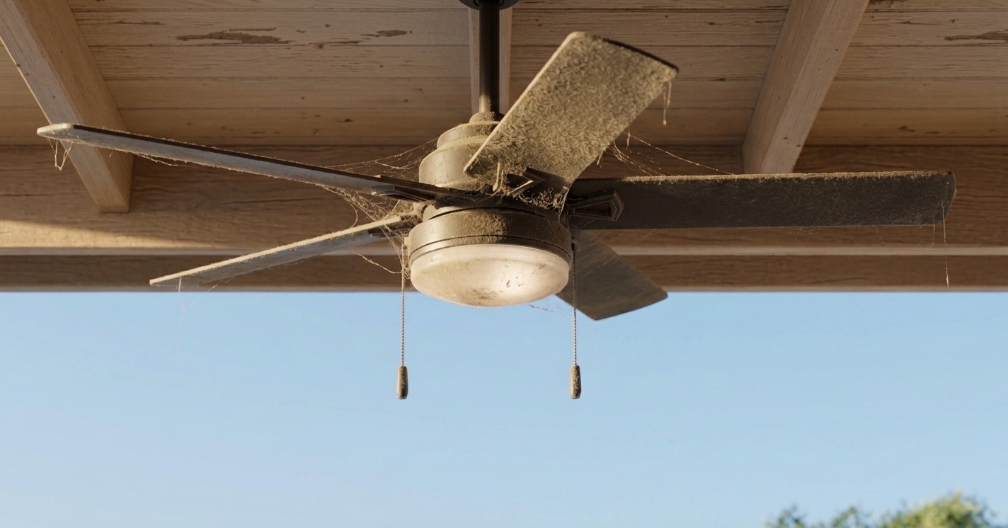 Outdoor patio fan before professional cleaning, heavy dust and cobwebs under wood beams