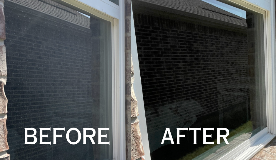 Window before and after professional cleaning showing dirty vs crystal clear glass