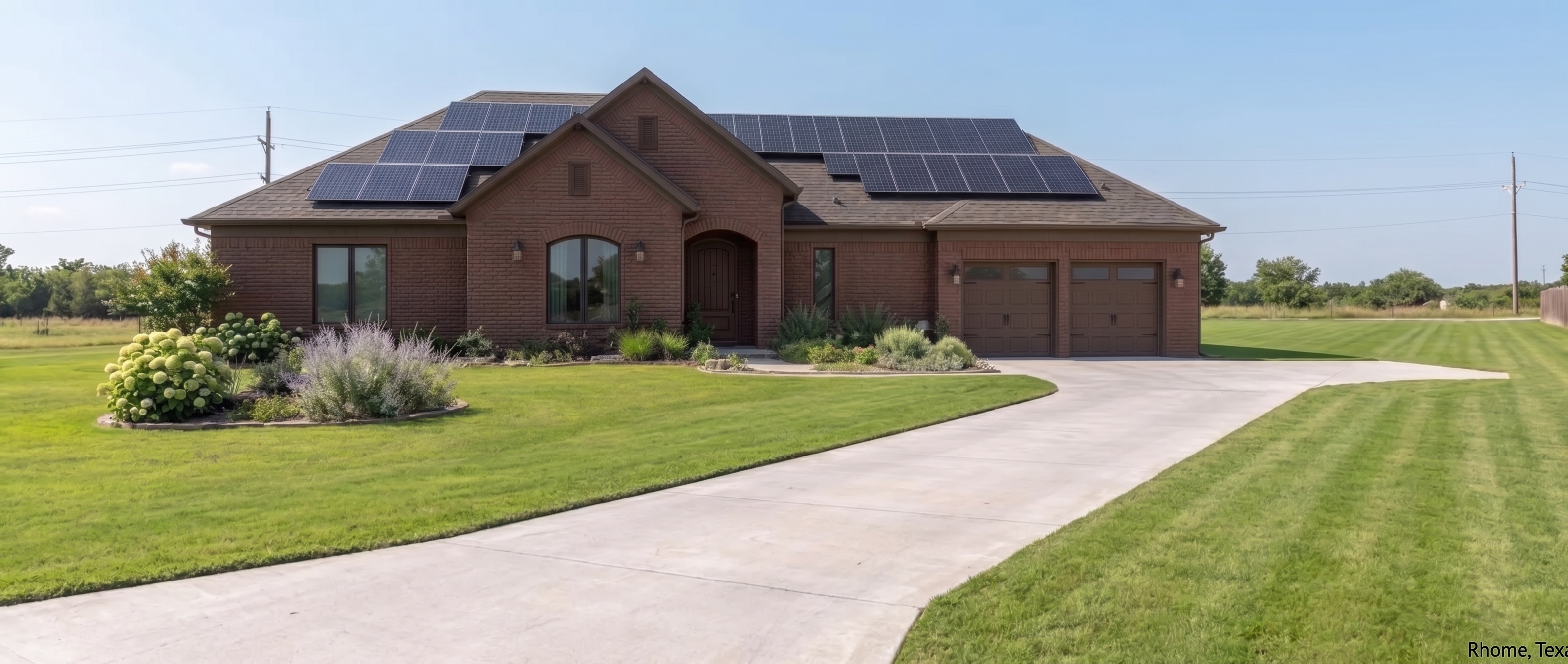 Brick home in Rhome, Texas with solar panels on the roof
