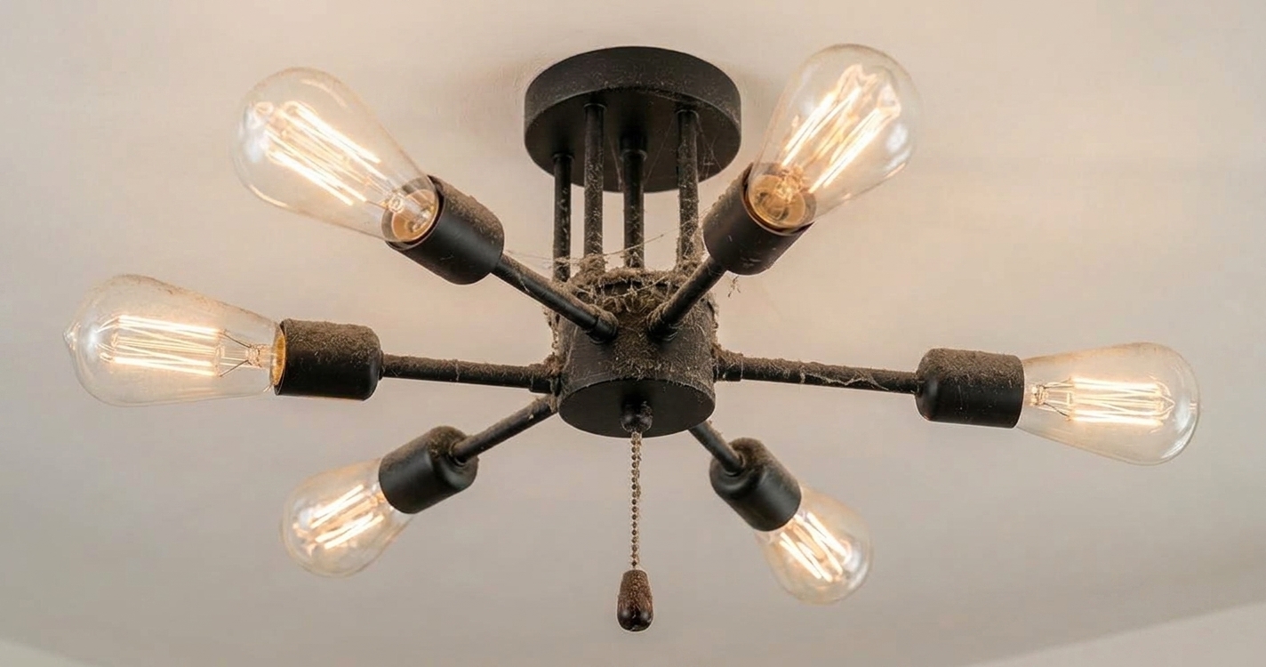 Interior light fixture before professional cleaning, dusty with cobwebs