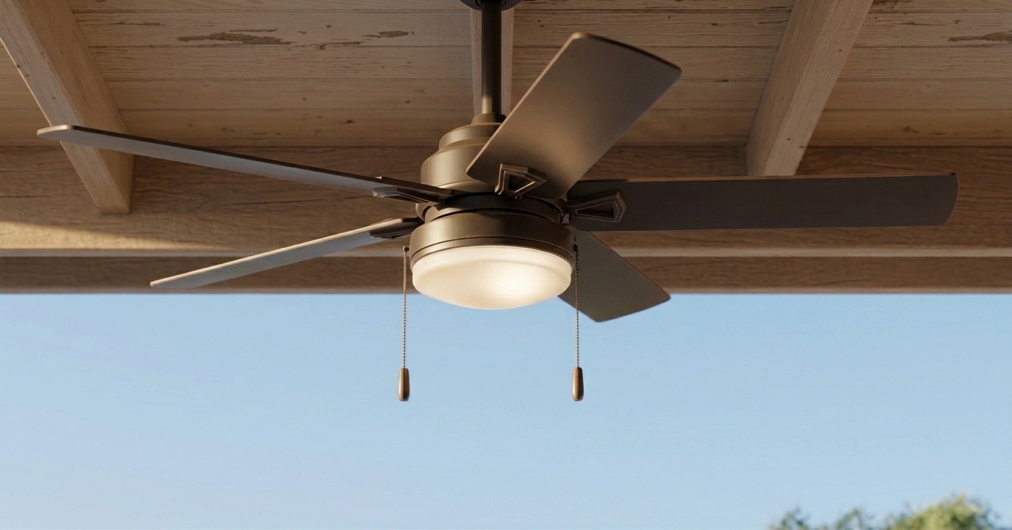 Outdoor patio fan after professional cleaning, clean blades and glowing clean bowl