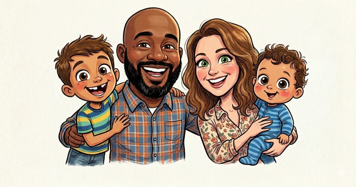 Family portrait illustration of owners Abraham and Hannah with their children — founders of Wrangler Washers