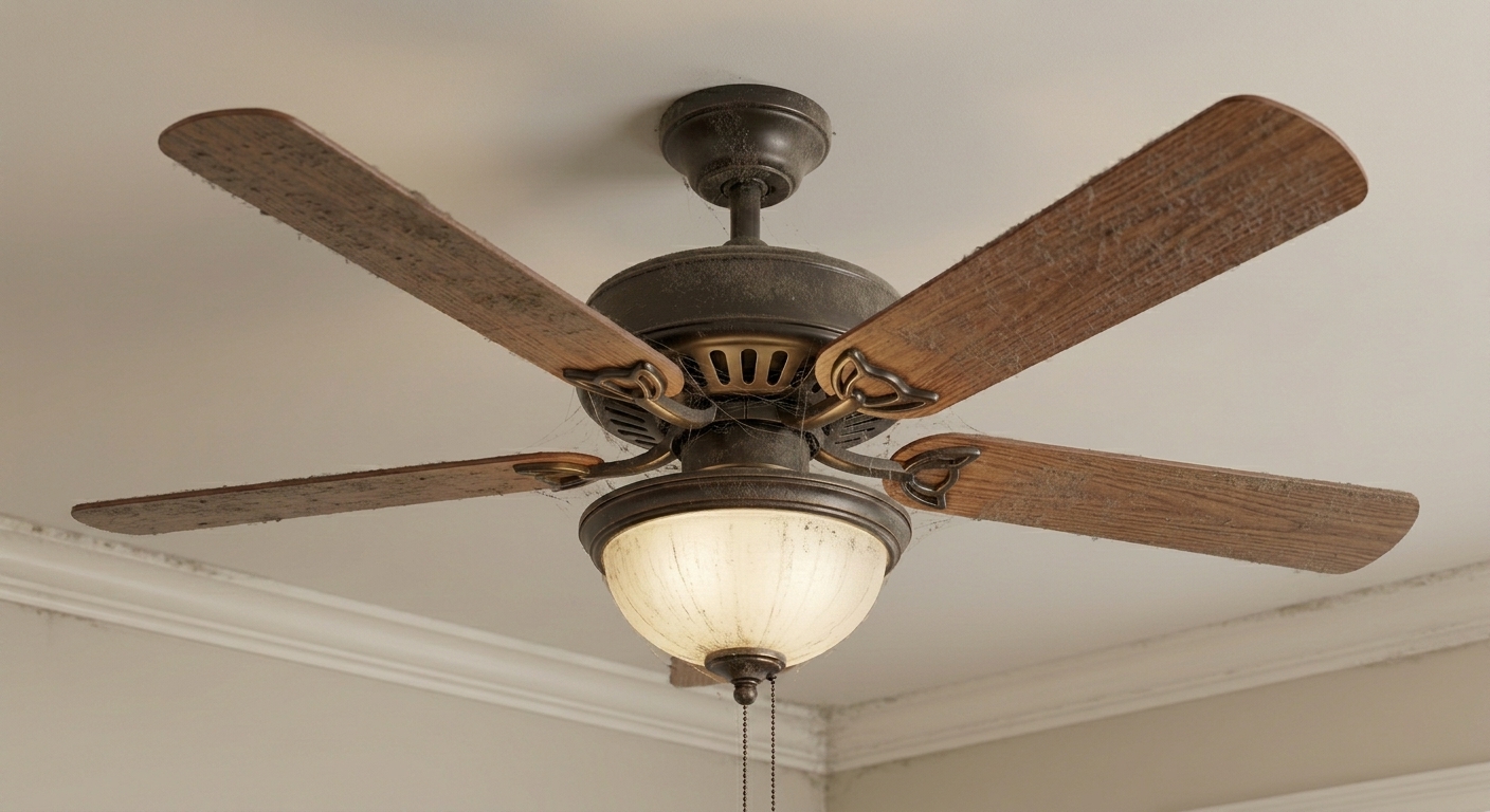 Indoor ceiling fan before professional cleaning, dusty blades with cobwebs on the motor