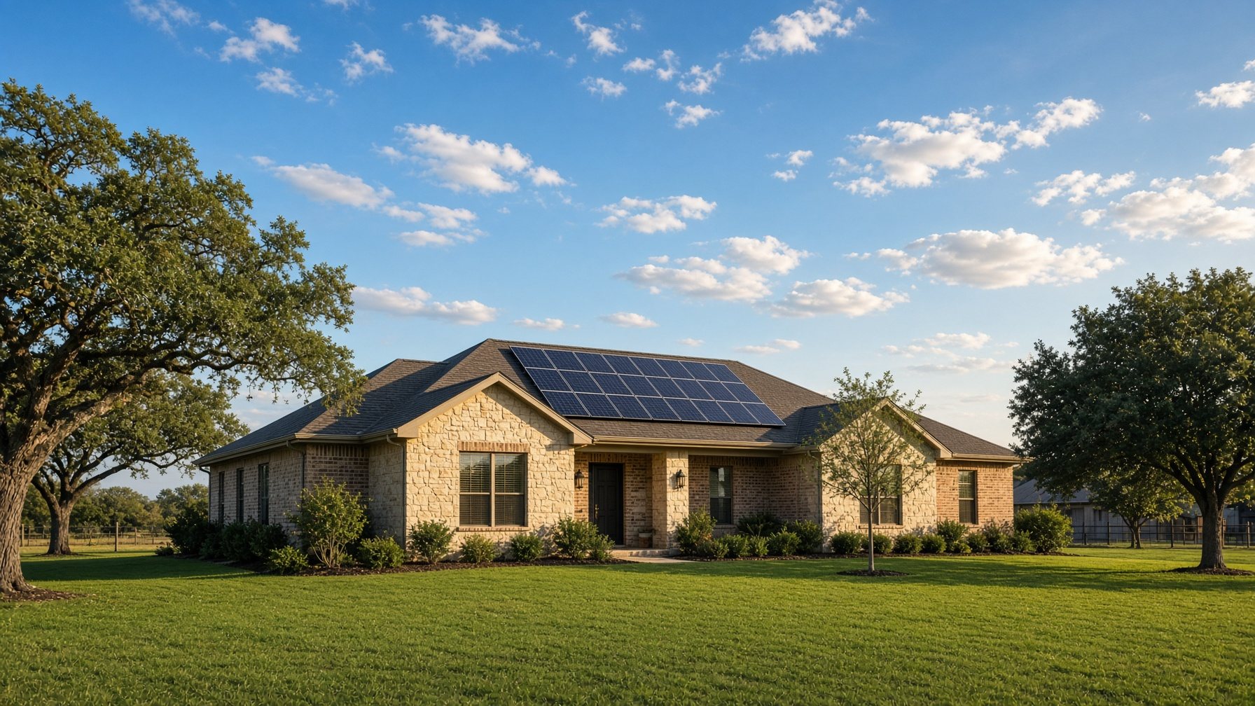 North Texas limestone home with rooftop solar panels