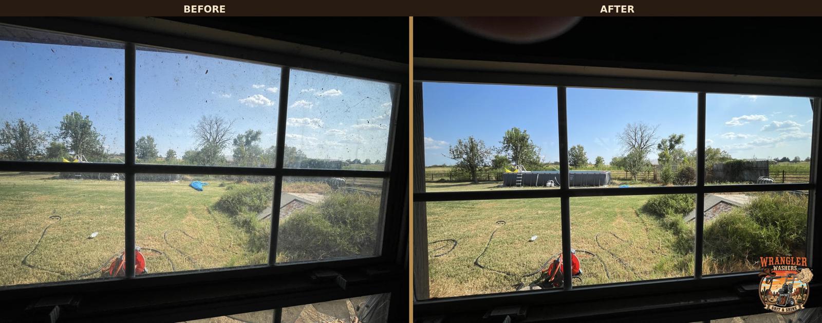 Before and after window cleaning showing panoramic view through clean window panes