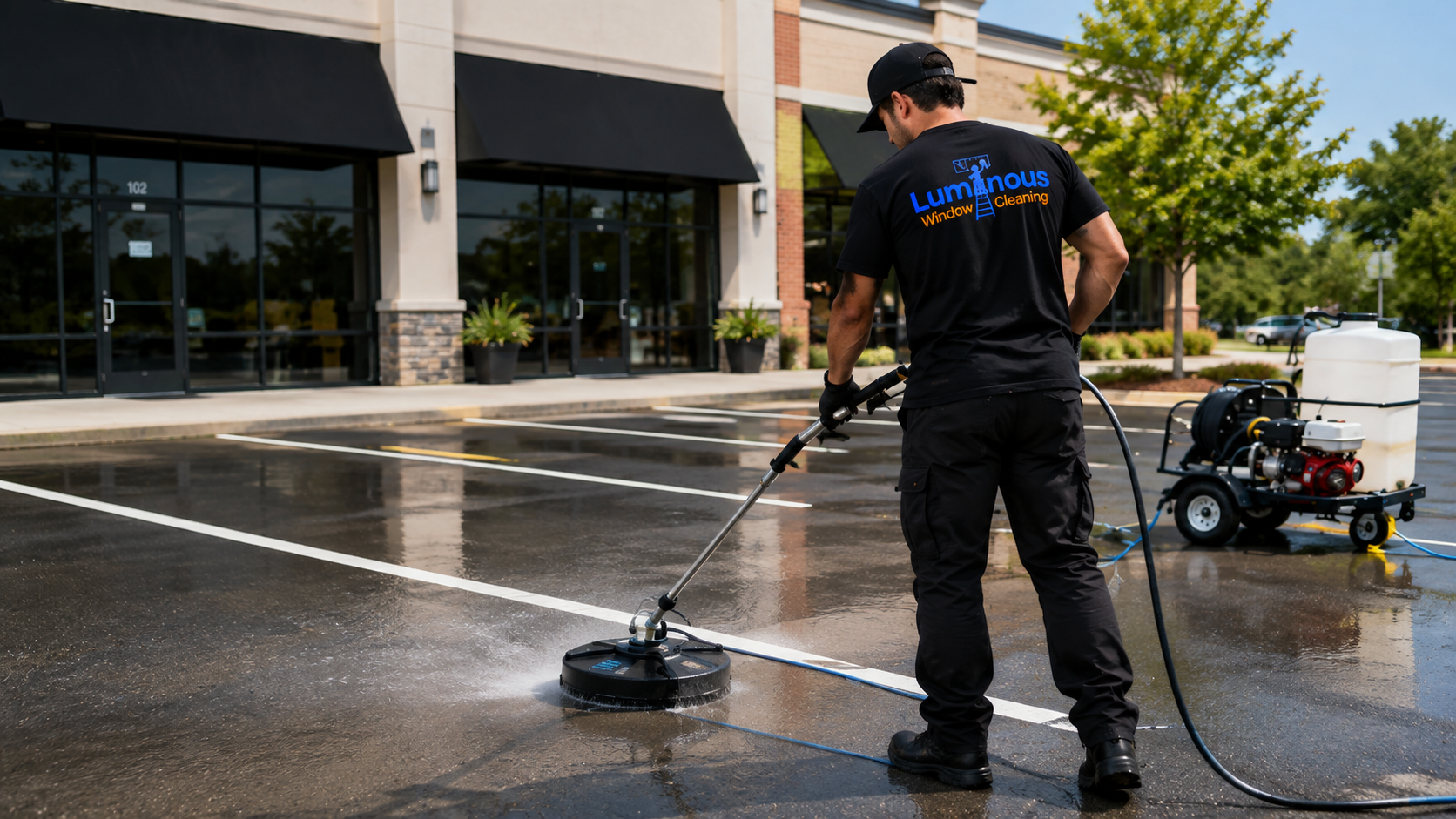 Luminous Window Cleaning Technician Performing Professional Pressure Washing on Commercial Parking Lot in Tulsa, OK