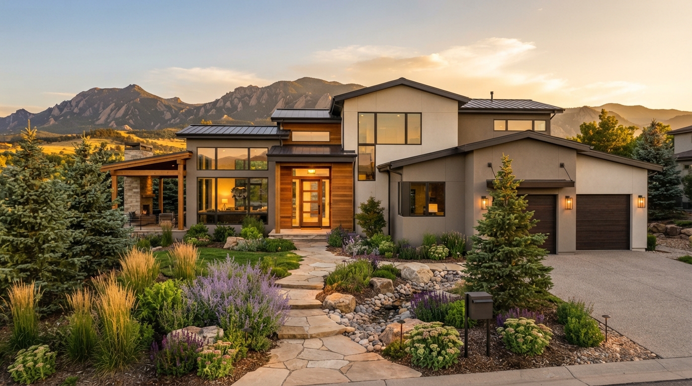 Beautifully painted Colorado home exterior at golden hour