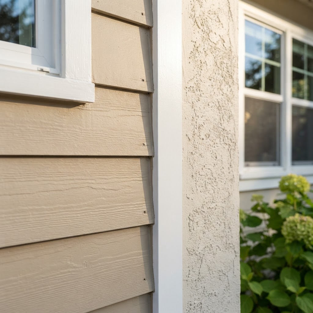 Close-up detail of freshly painted exterior siding and stucco surface