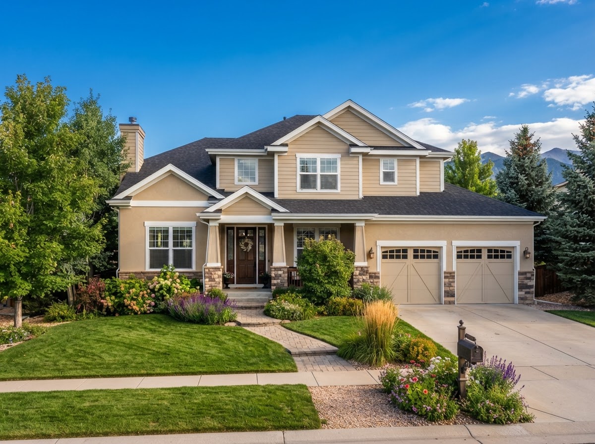 Freshly painted Colorado home with clean stucco and warm beige siding