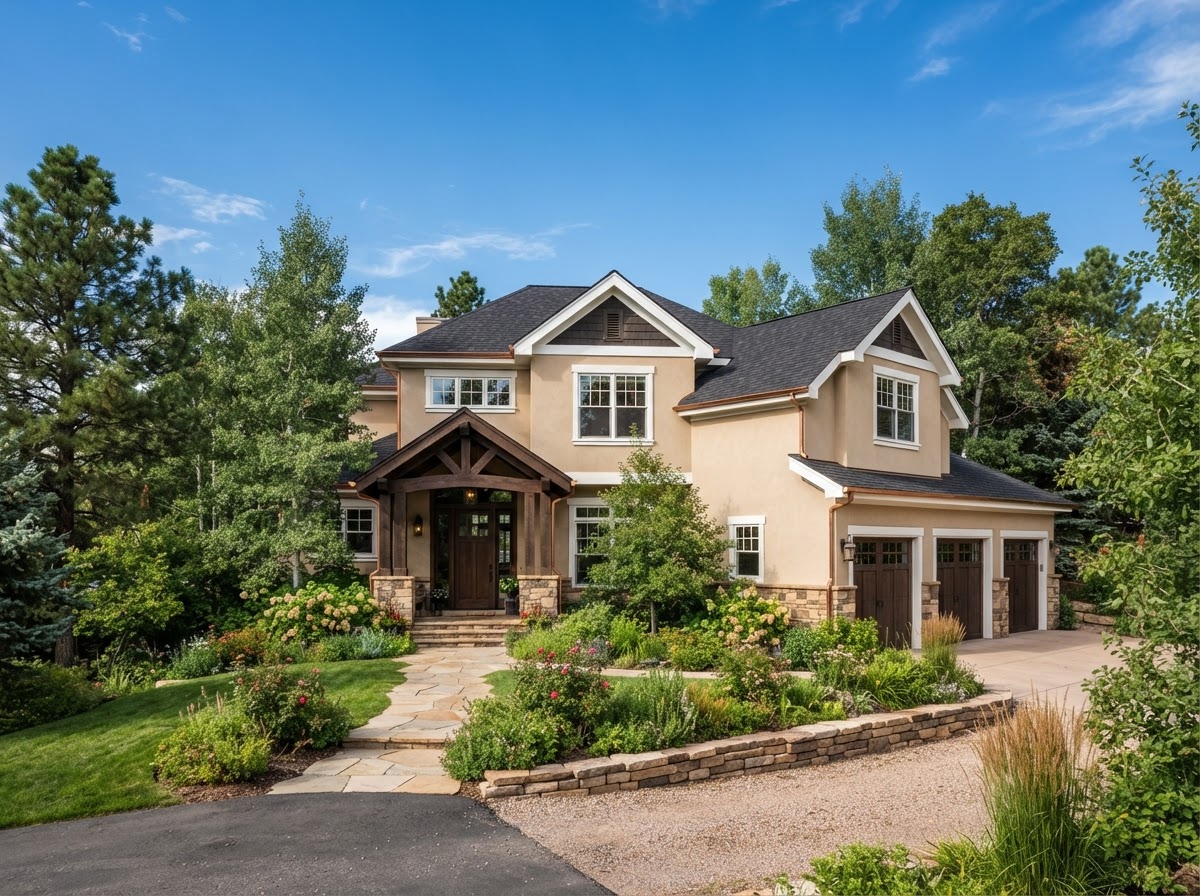 Beautifully painted exterior of a Colorado home with beige stucco and crisp white trim