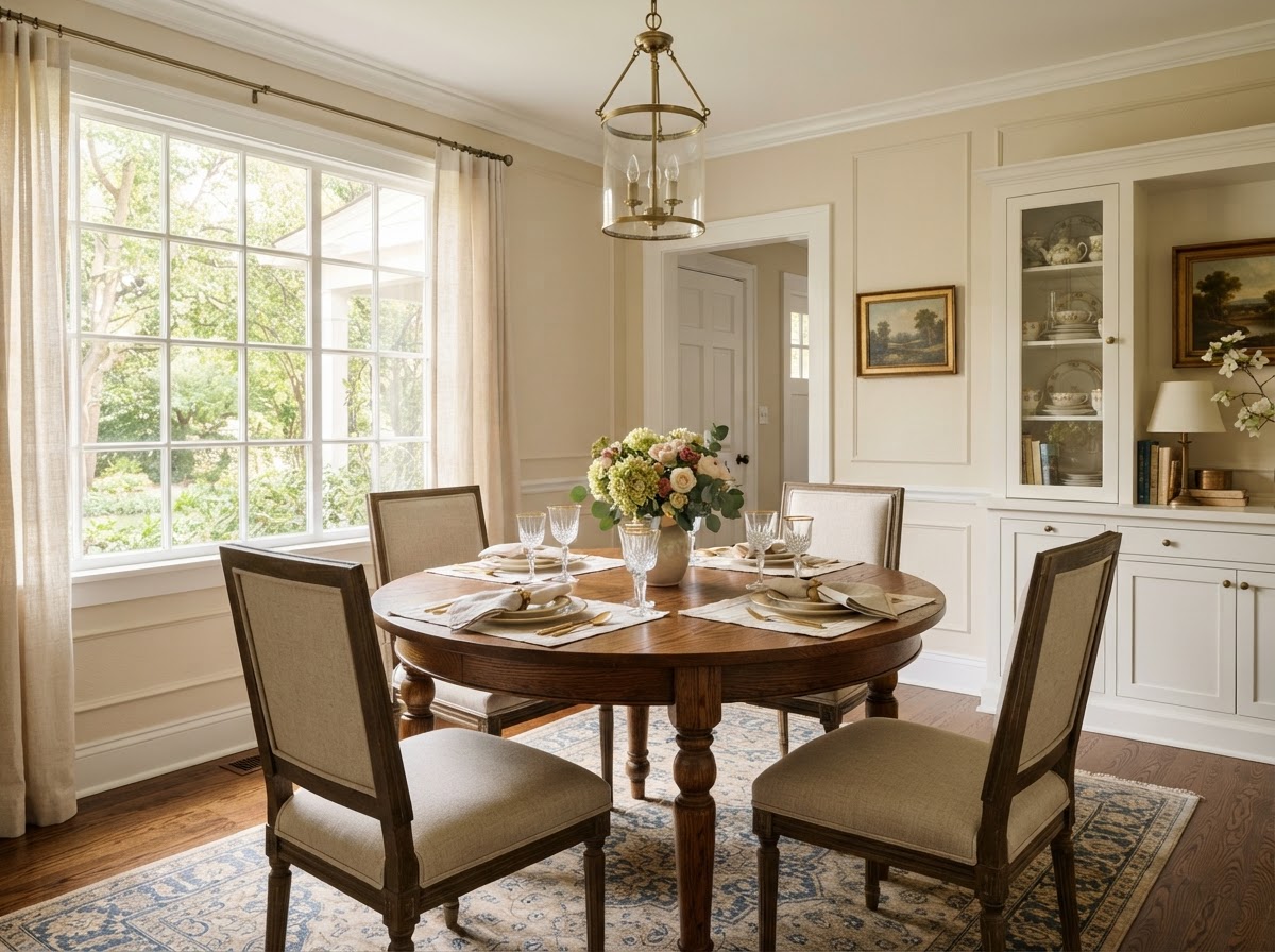 Warm dining room with freshly painted cream walls and natural daylight