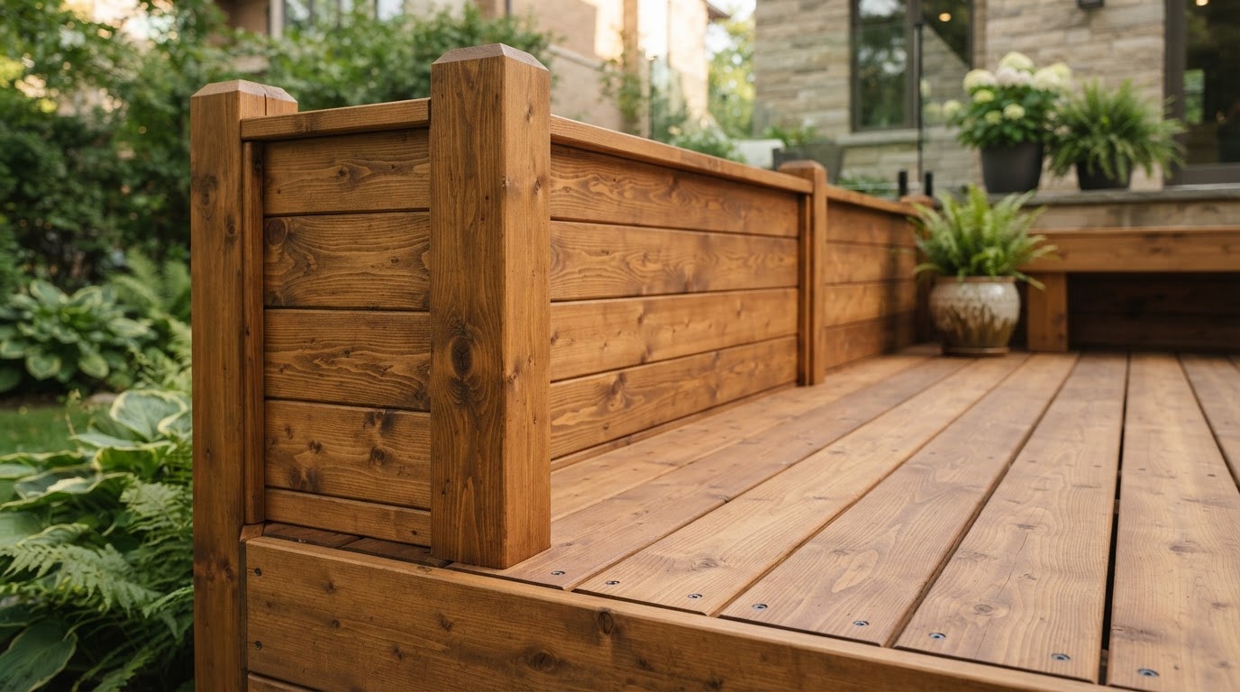 Beautifully stained wood deck showing rich grain texture with warm natural finish