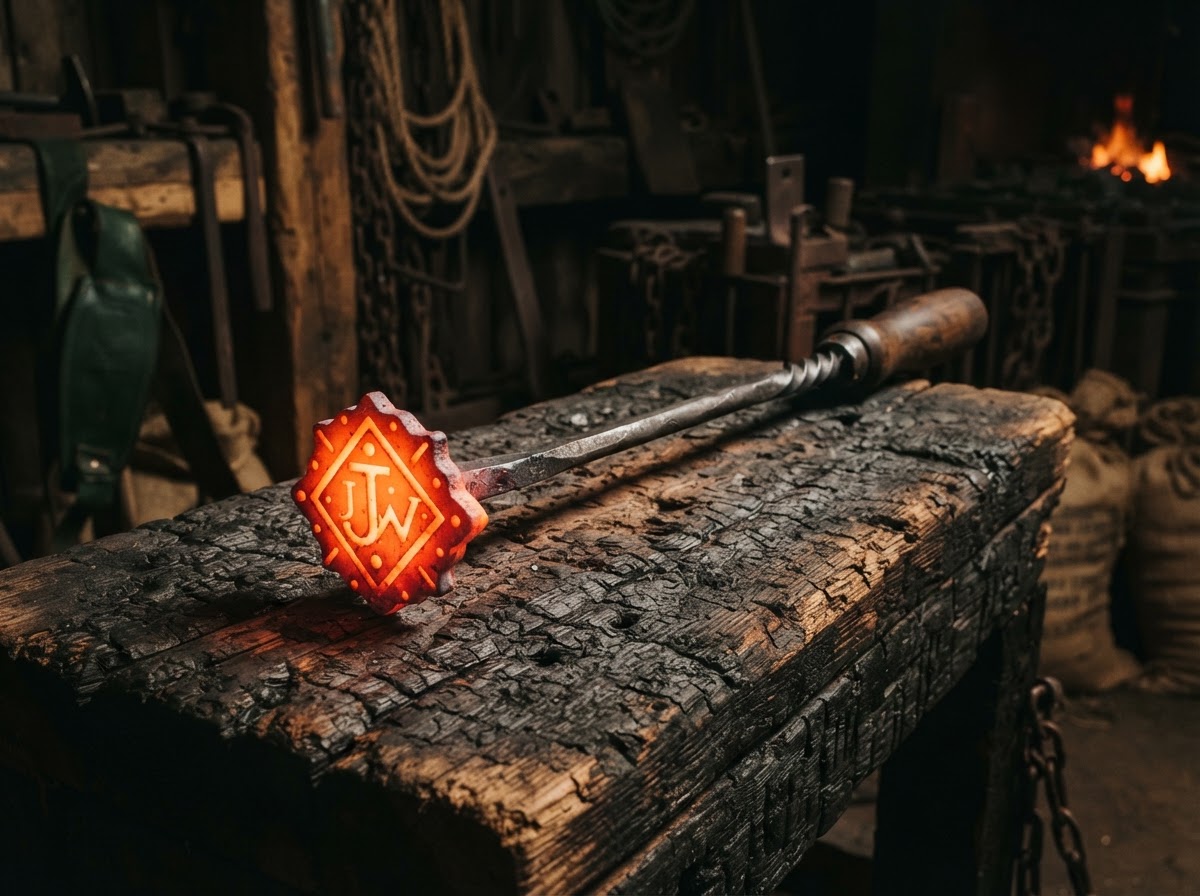 Fierro ganadero personalizado con marca geométrica sobre madera quemada