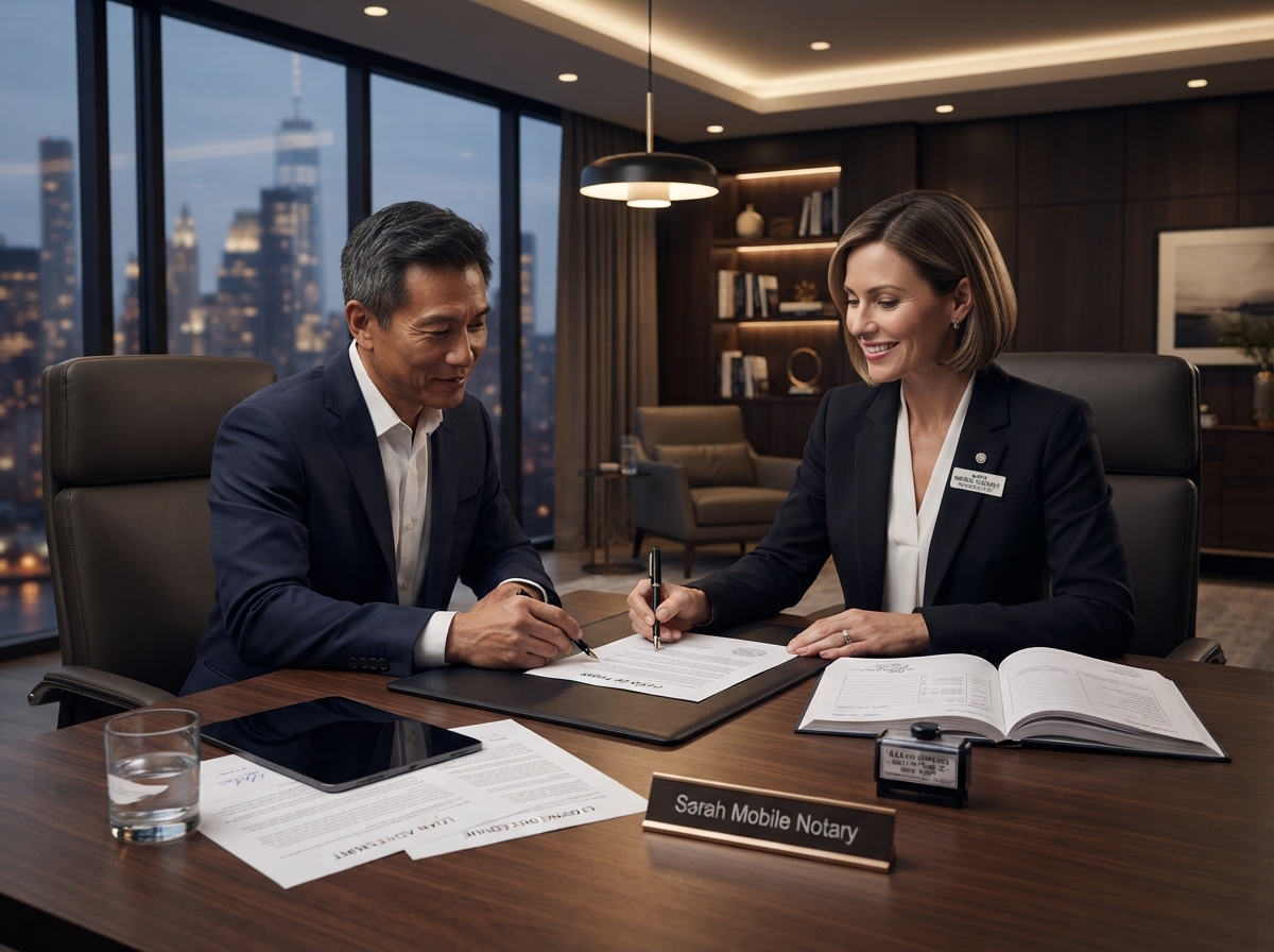 Mobile notary signing loan document in office