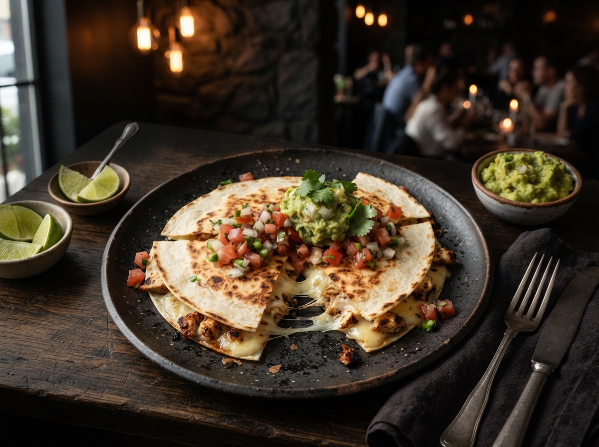 Fresh Mexican quesadilla with melted cheese, guacamole and pico de gallo