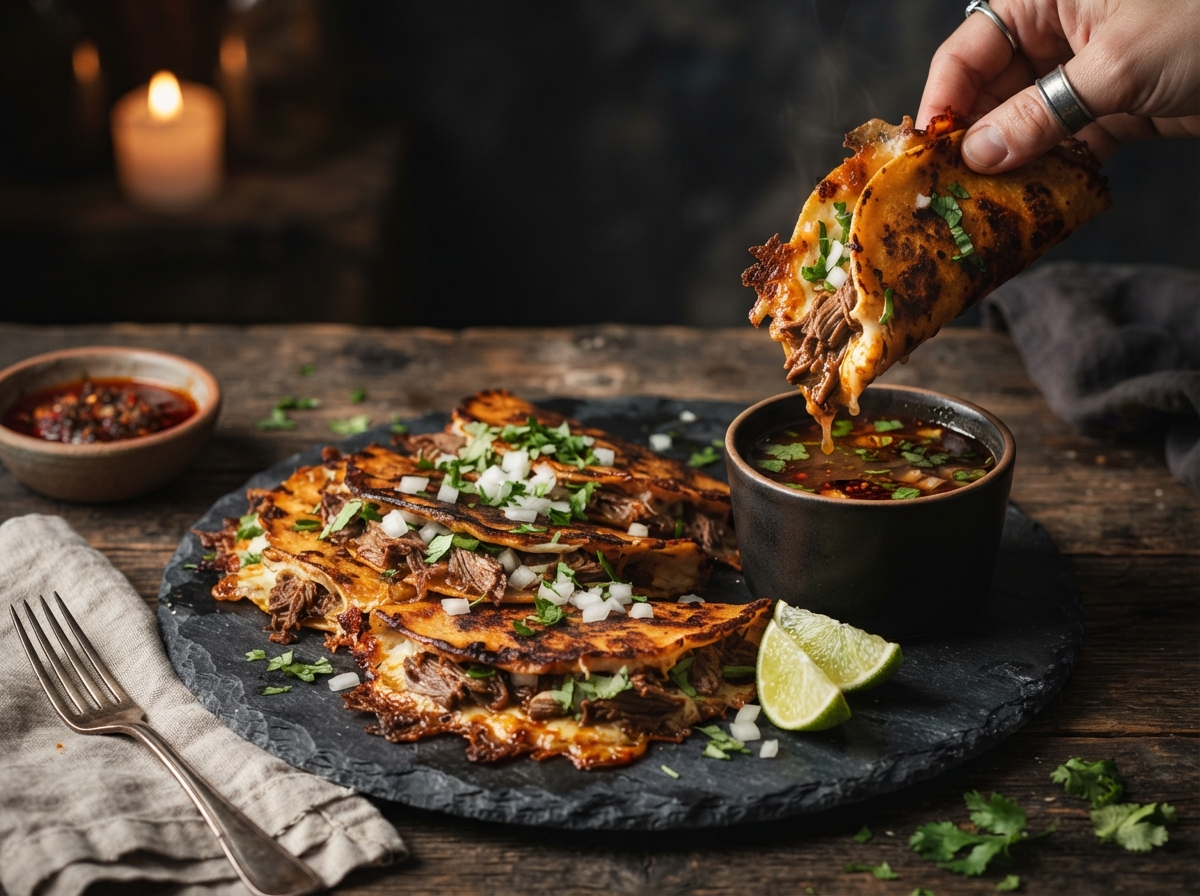 Beef quesabirria tacos with melted cheese, consommé, lime and cilantro