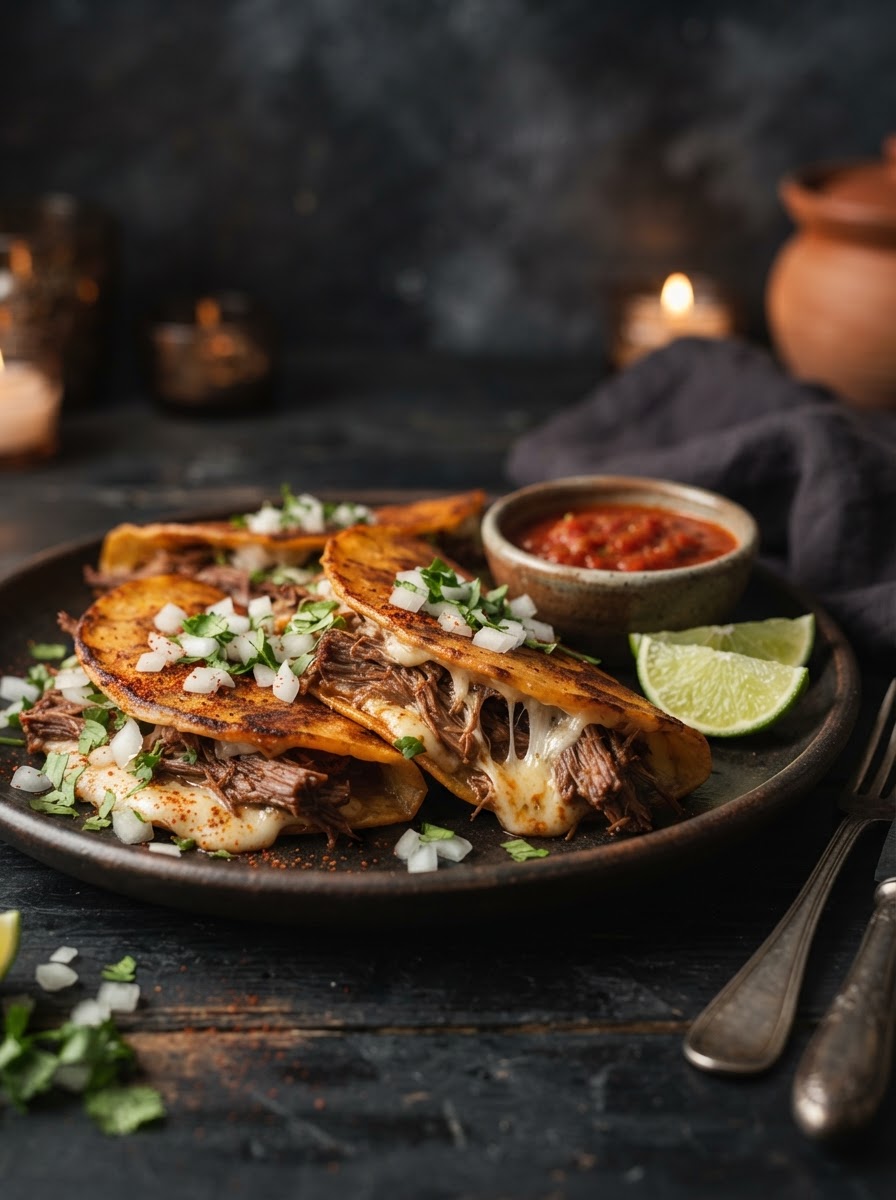 Beef quesabirria tacos with melted cheese, fresh salsa, lime and handmade tortillas