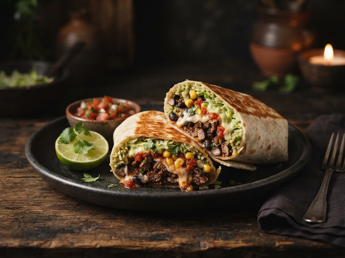 Signature Mexican burrito cut open showing rice, beans, meat and cheese