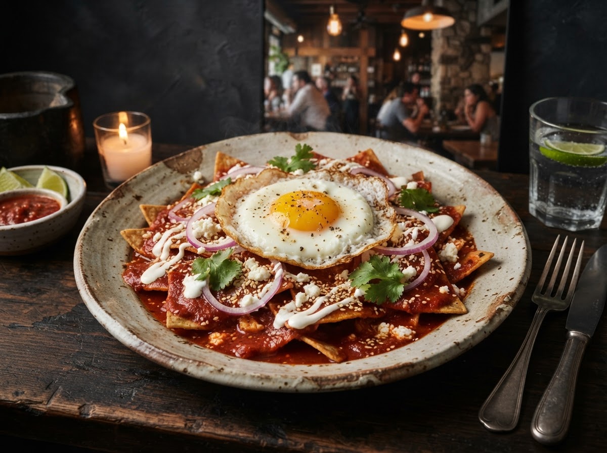 Traditional Mexican chilaquiles with red salsa, queso fresco and a fried egg