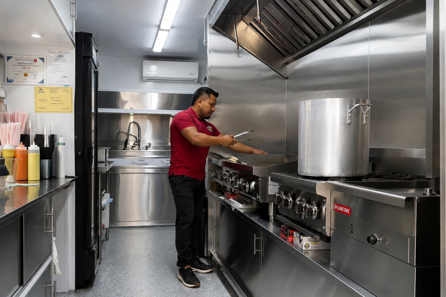 Inside the clean, professional commercial kitchen space at Taqueria La Imperial