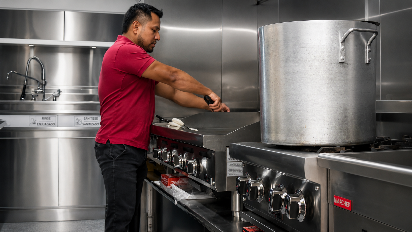 Chef preparing fresh tortillas and authentic Mexican dishes on the griddle in the Taqueria La Imperial kitchen
