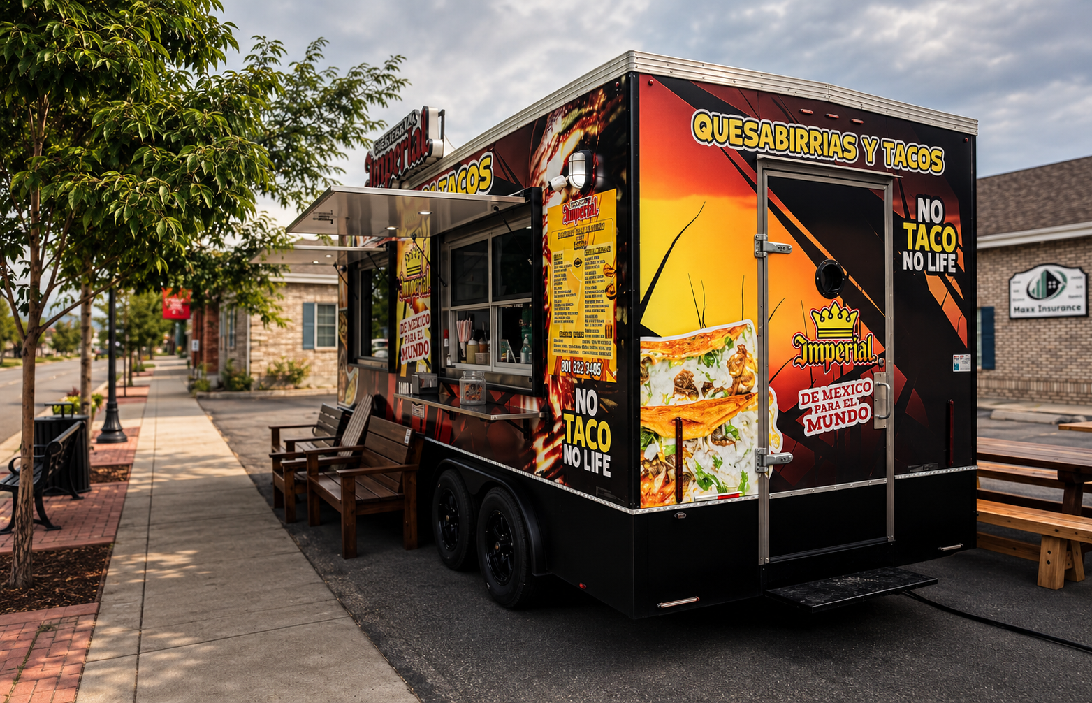 Taqueria La Imperial outdoor kitchen setup in Heber City with wooden seating benches