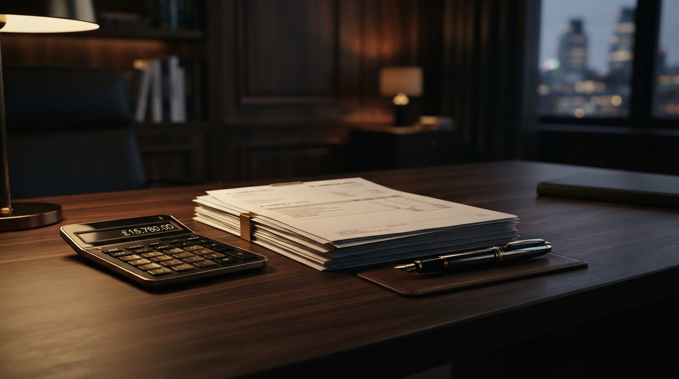 Professional commercial debt recovery desk with stacked invoices, calculator and fountain pen in warm gold and charcoal tones