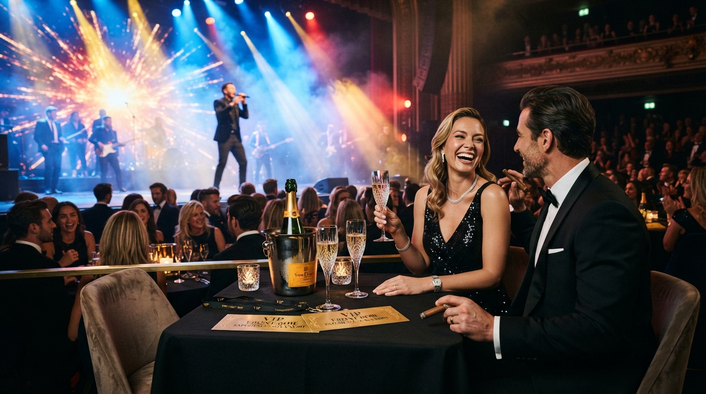 VIP event with front-row premium seating and dramatic stage lighting