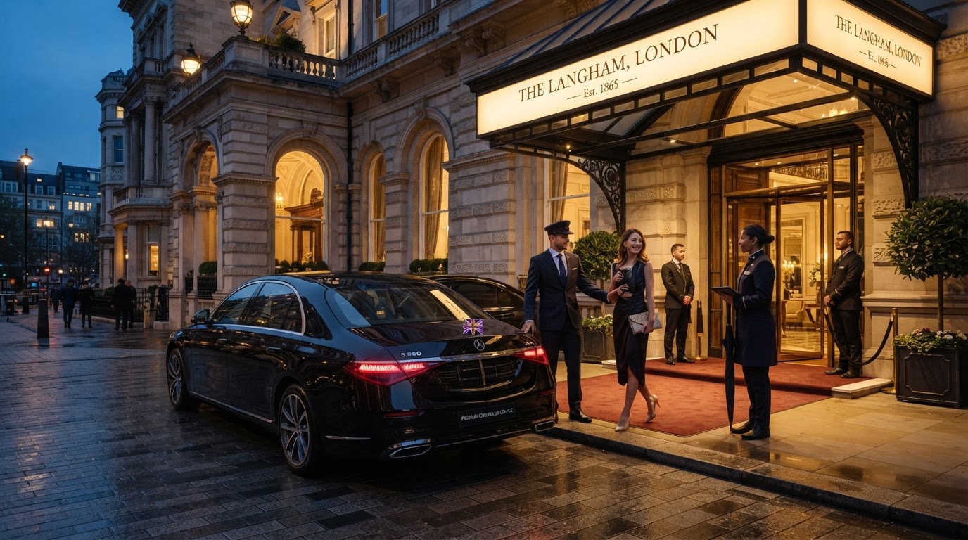 Luxury chauffeured black sedan arriving at a grand hotel entrance