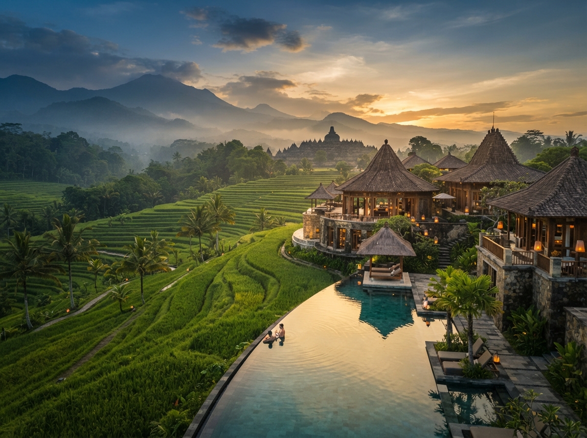 Misty Asian mountains with luxury resort at golden light