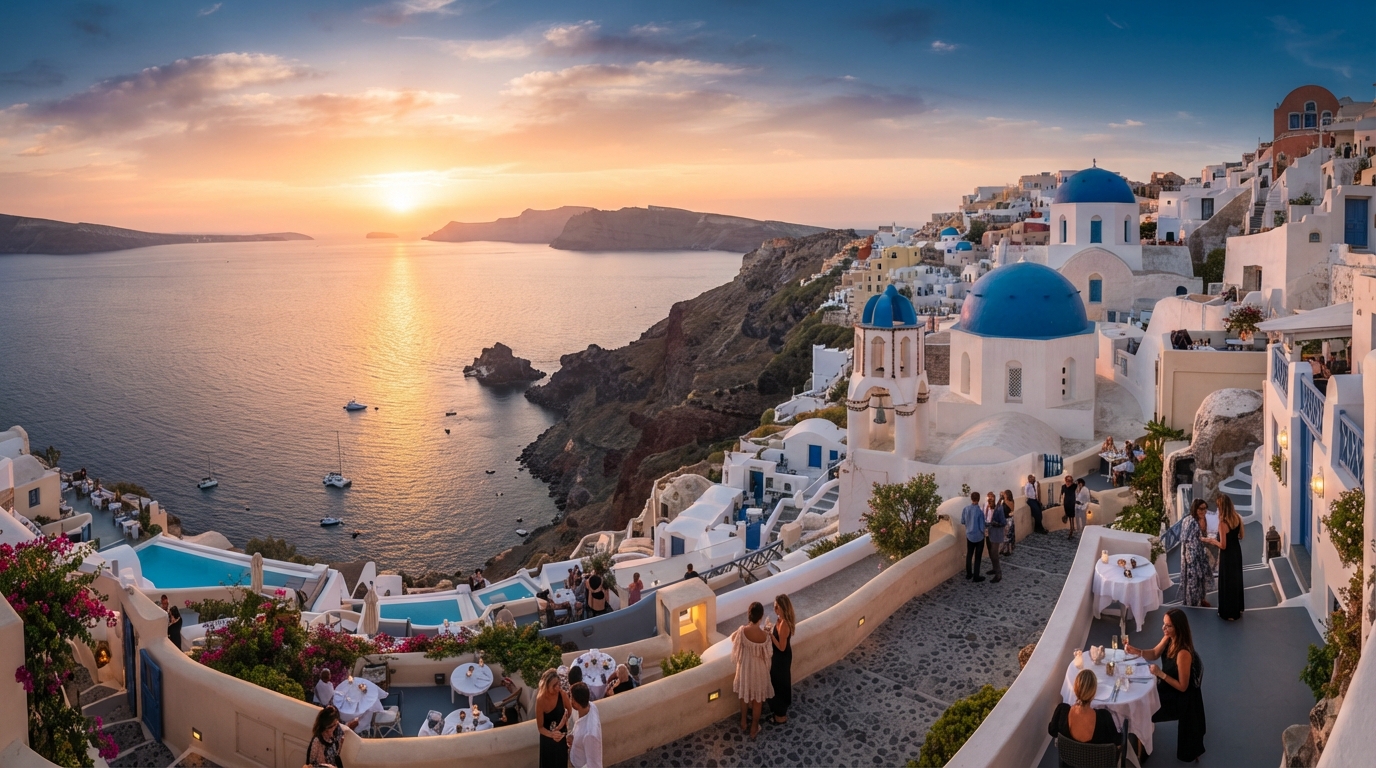 Santorini cliffside luxury destination at golden sunset
