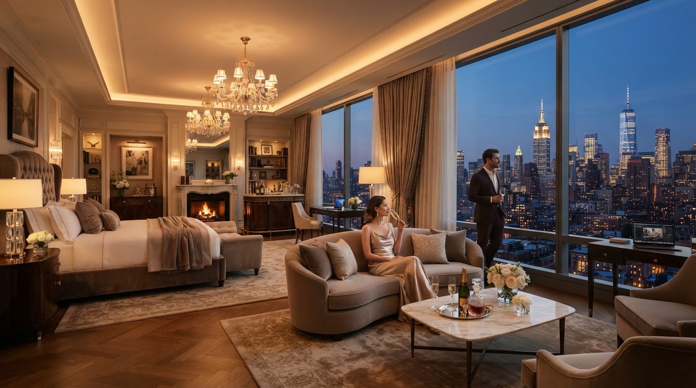 Opulent five-star hotel suite overlooking a city skyline