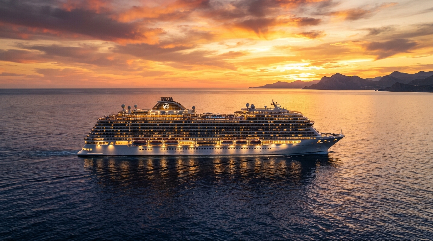 Luxury cruise ship sailing across a golden ocean at sunset