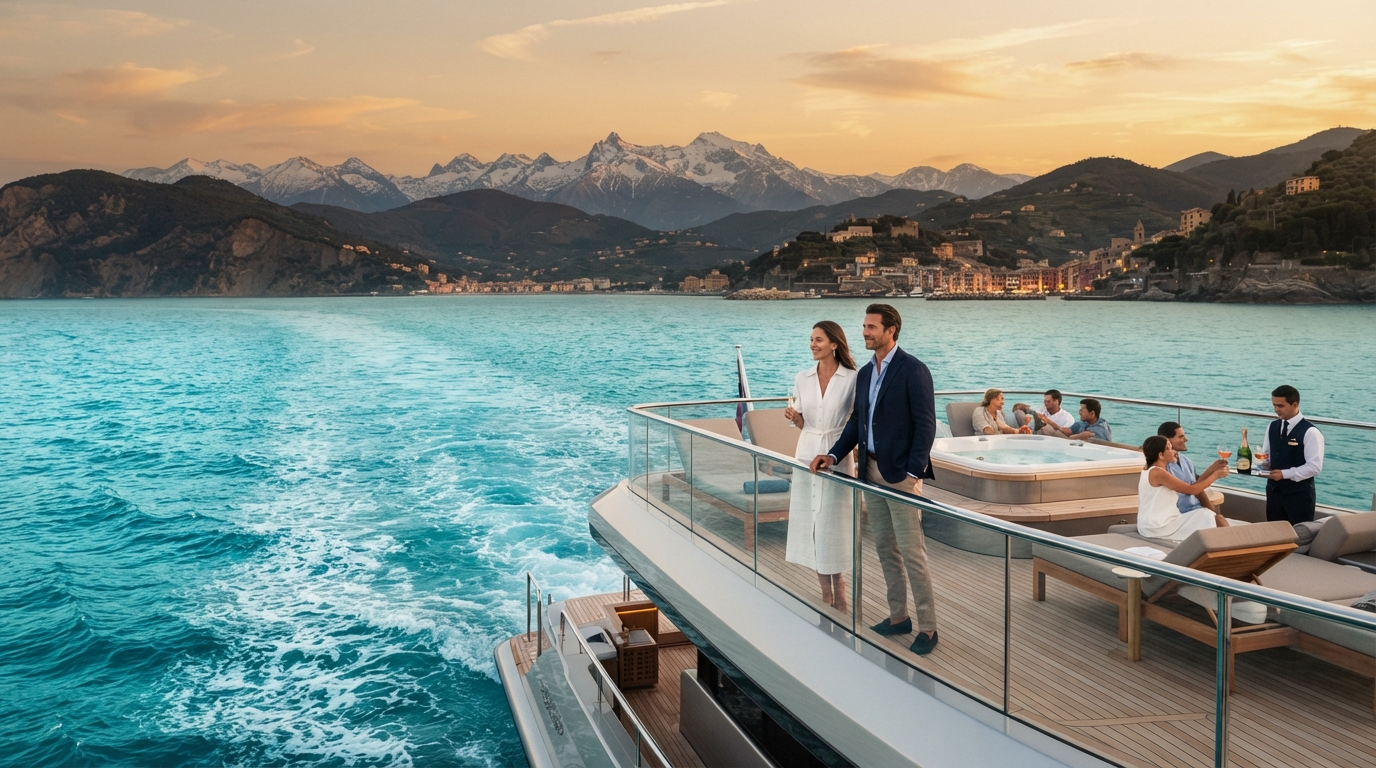 Turquoise Caribbean waters and luxury yacht at golden hour
