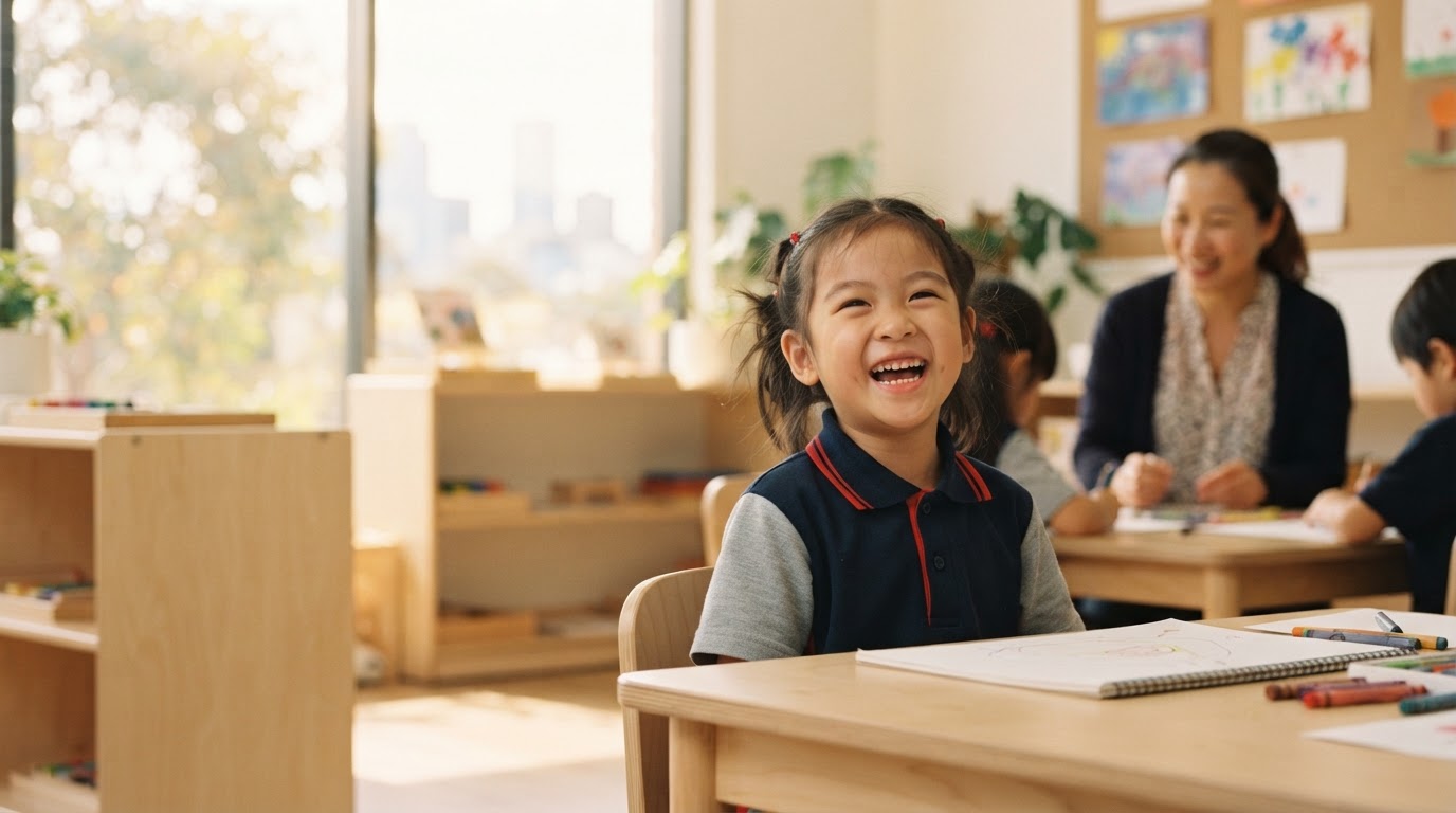 A six year old Chinese girl mid-laugh in a bright Melbourne classroom, a teacher softly out of focus behind her, warm window light