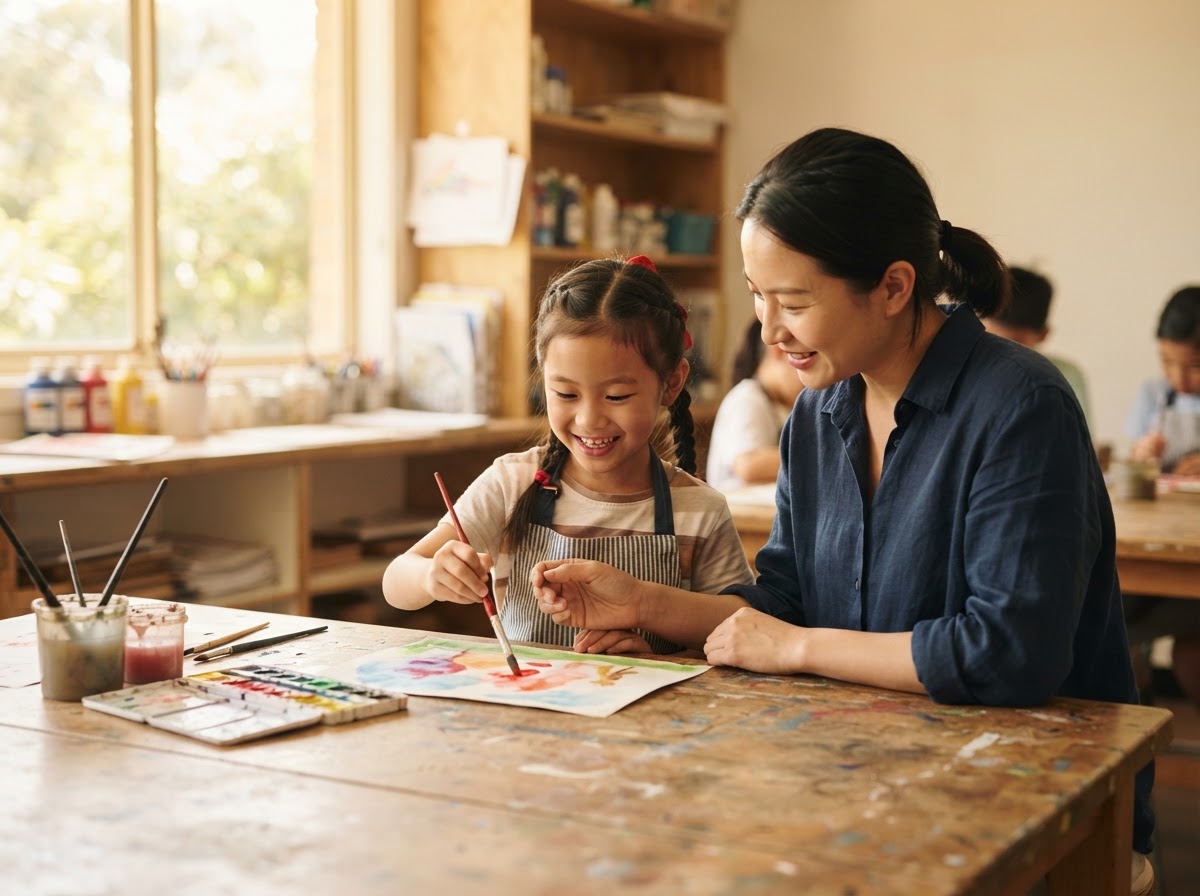 A joyful Chinese child painting and drawing at a desk in a bright art class