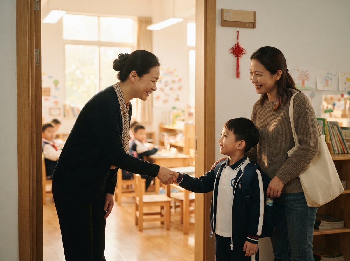 A Chinese teacher greeting a parent and child at a bright classroom door, warm and welcoming