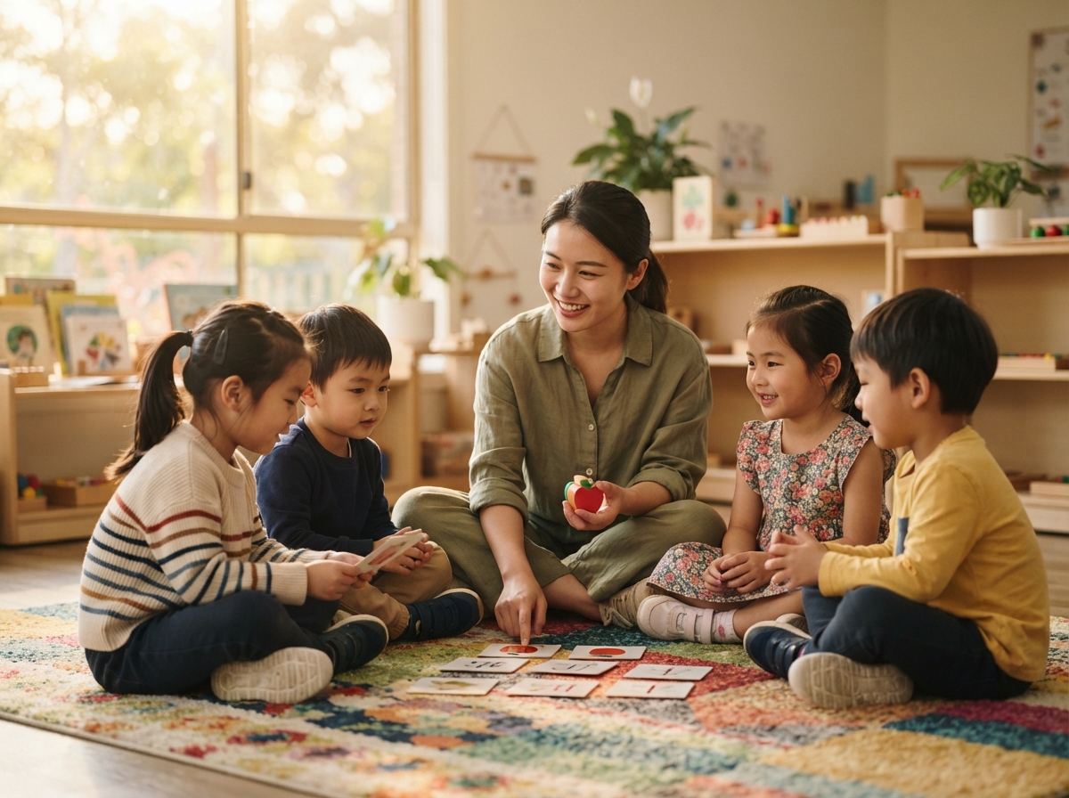 Small Chinese children sitting on a colourful classroom rug playing a language game with a young teacher