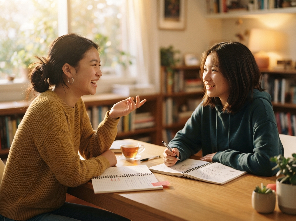 Two Chinese teenagers in conversation across a desk, notebooks open, relaxed and confident